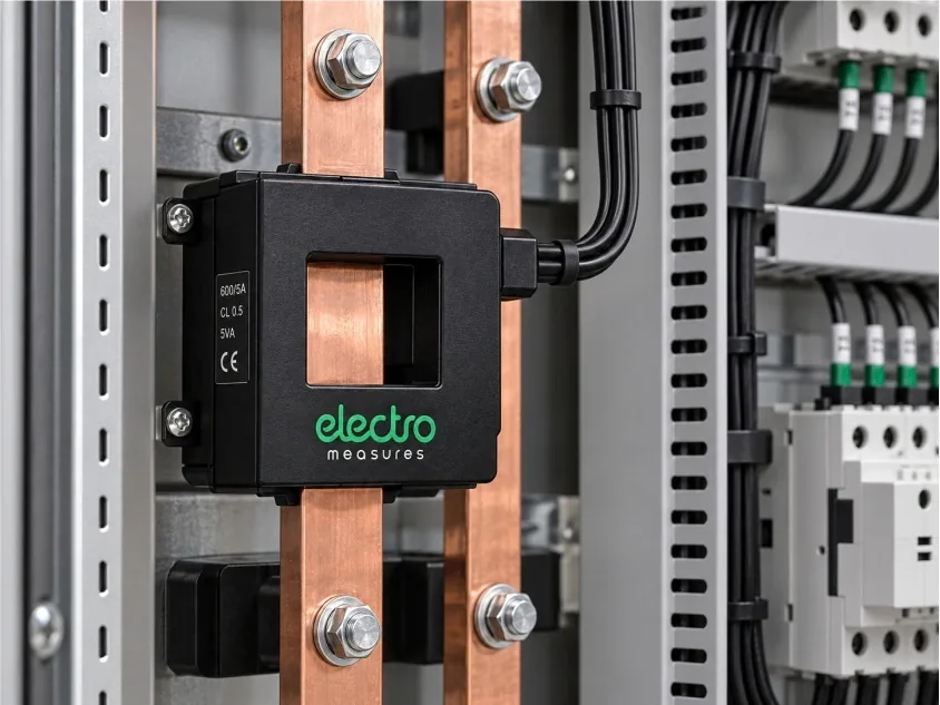 Electromeasures current transformer installed on copper busbars in a switchgear panel